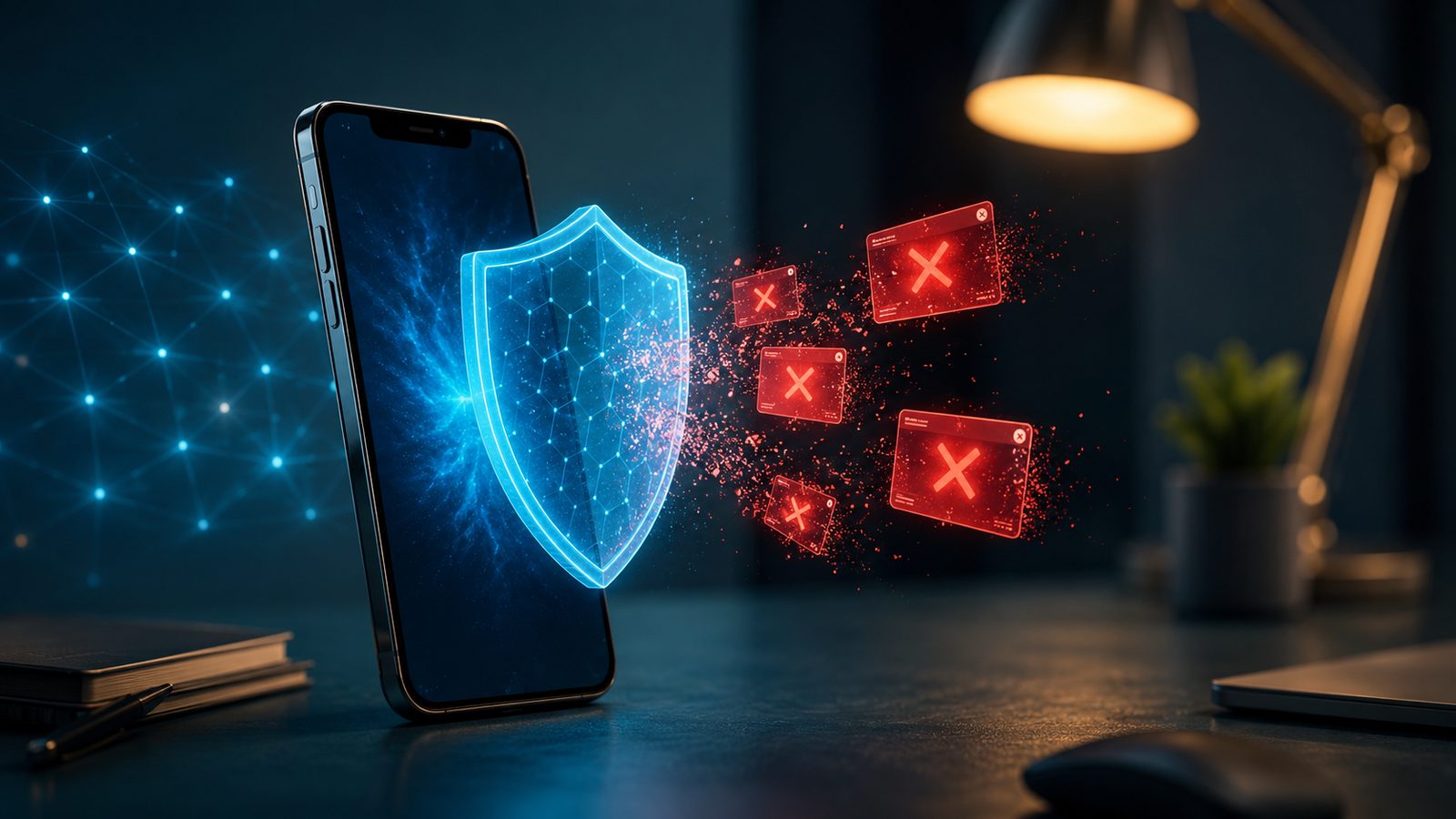Android phone with a shield icon blocking incoming ad banners, representing no-root ad blocking methods