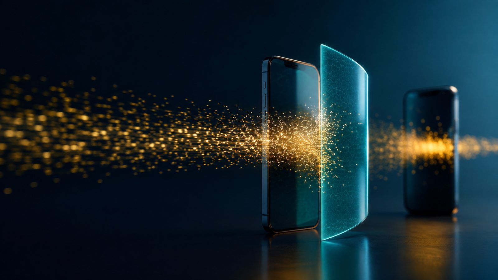 A smartphone behind a glowing teal shield that stops a stream of golden particles, while a second phone further back lets the same particles pass straight through