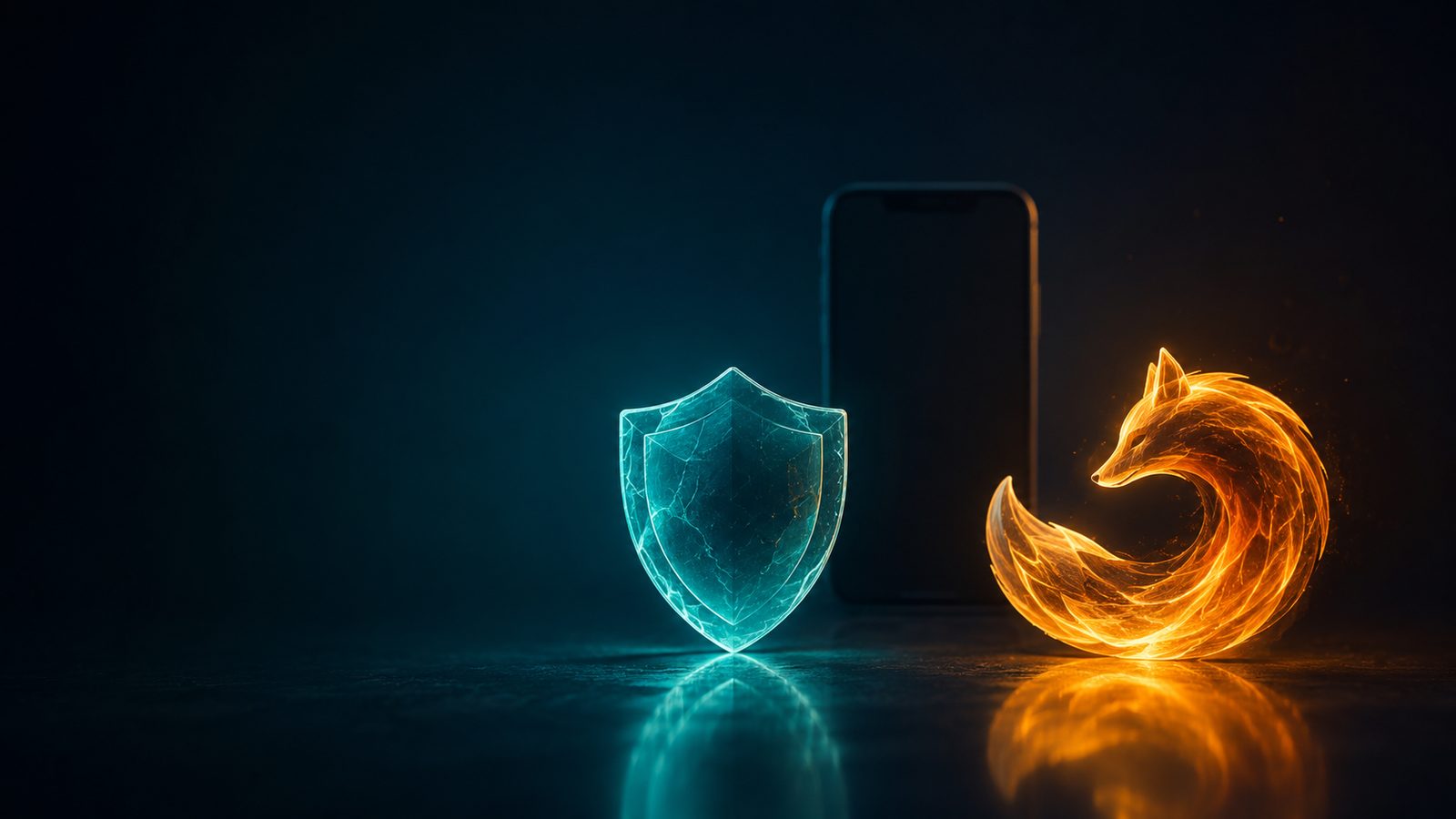 Split screen graphic comparing a shield icon representing Brave and a fox icon representing Firefox over an Android phone outline