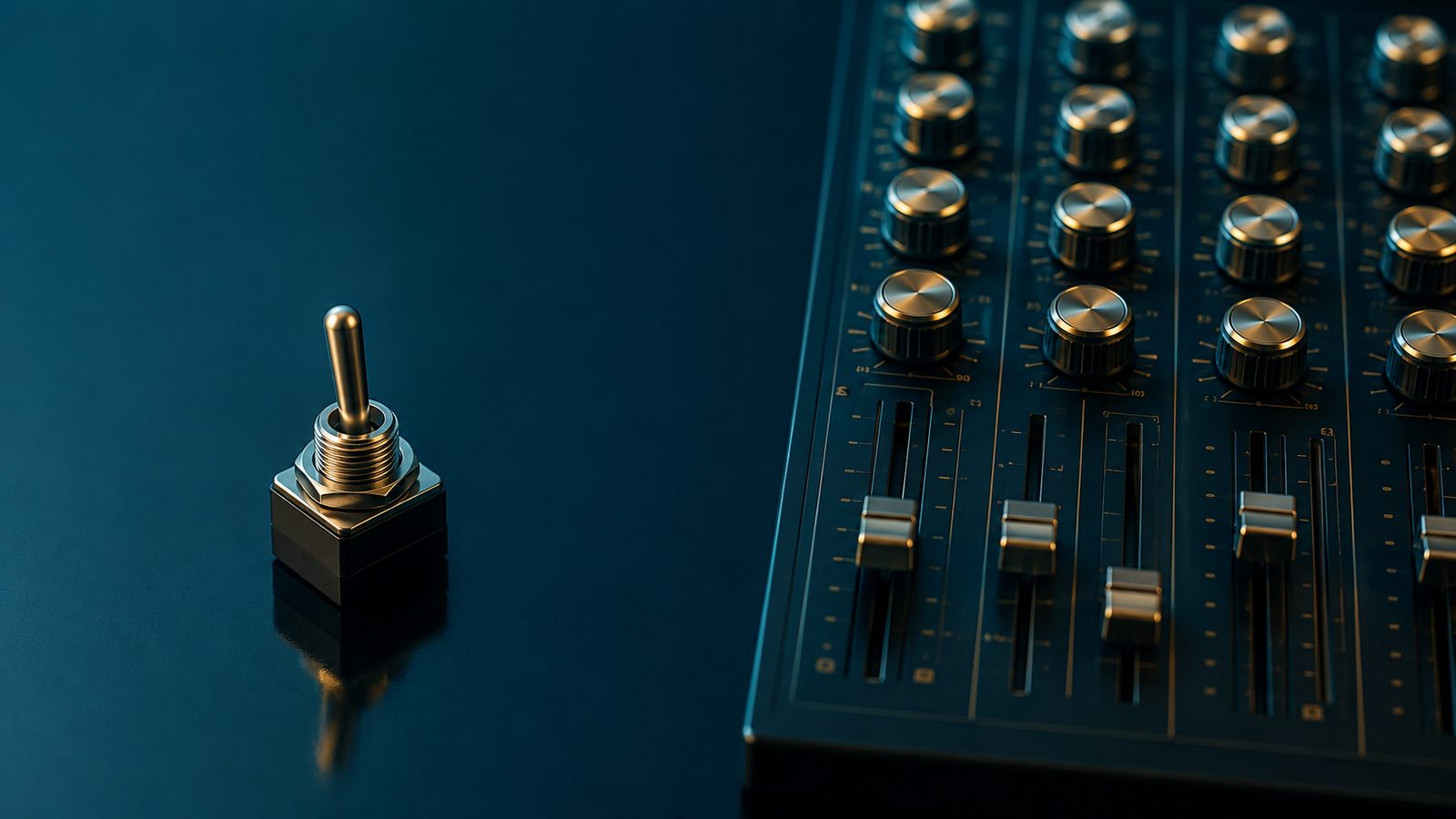 A single brass toggle switch on dark glass beside a dense panel of precision dials and sliders, contrasting simple defaults against deep configuration