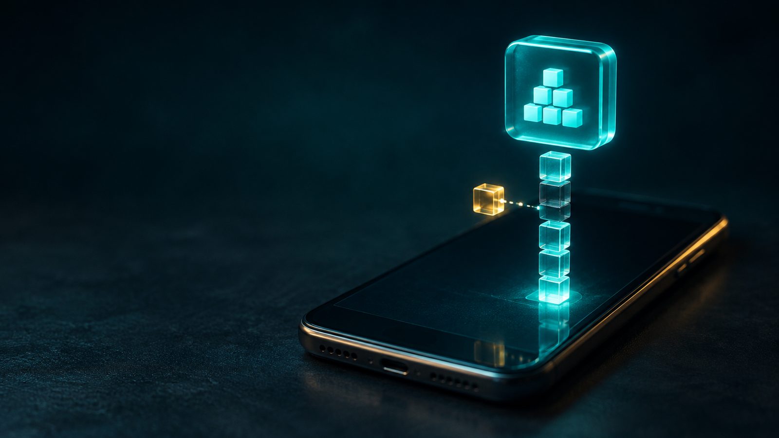 A column of translucent install blocks rising from a phone screen toward a glowing teal app icon, with one dim block out of line and a small gold cube floating beside the gap