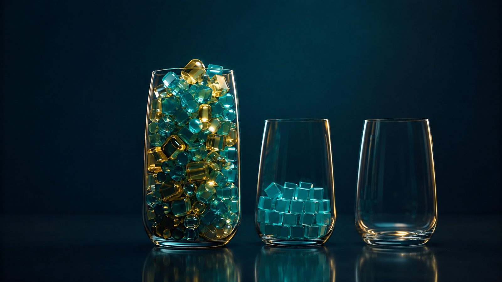 One tall glass vessel crowded to the brim with mixed teal and gold shapes, beside two separate smaller vessels, one part filled and one nearly empty