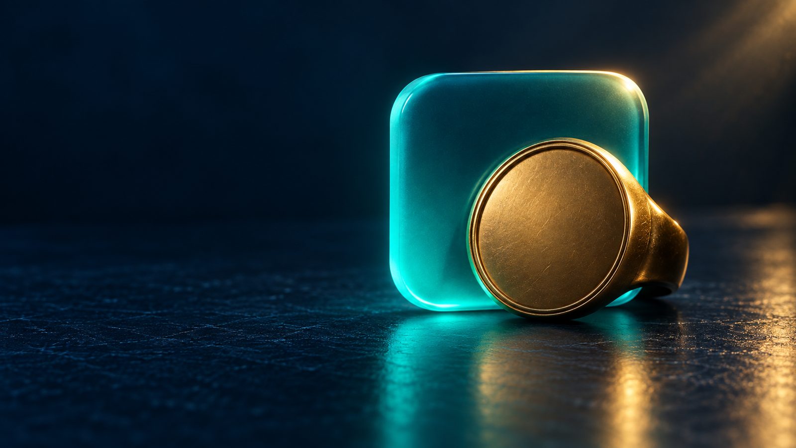 A gold signet seal resting against a glowing teal app icon on a dark navy surface