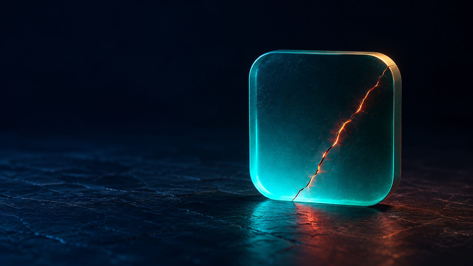 A glowing teal app icon on a dark navy surface, split by a jagged crack that glows hot orange-red from within