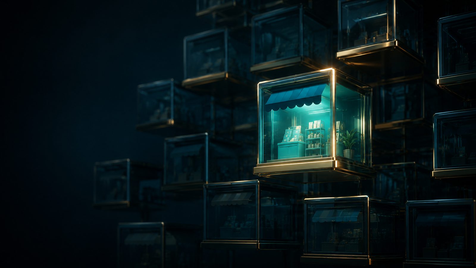 A wall of dim glass storefront cubes in a dark hall, with one central storefront glowing bright teal inside a gold-rimmed frame, its shelves neatly stocked