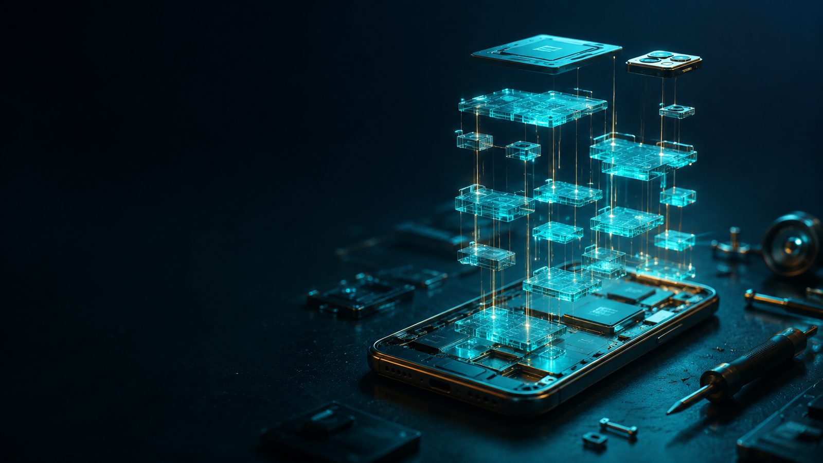 Translucent teal component blocks floating in layers above an open smartphone on a dark workbench, joined by fine gold light filaments