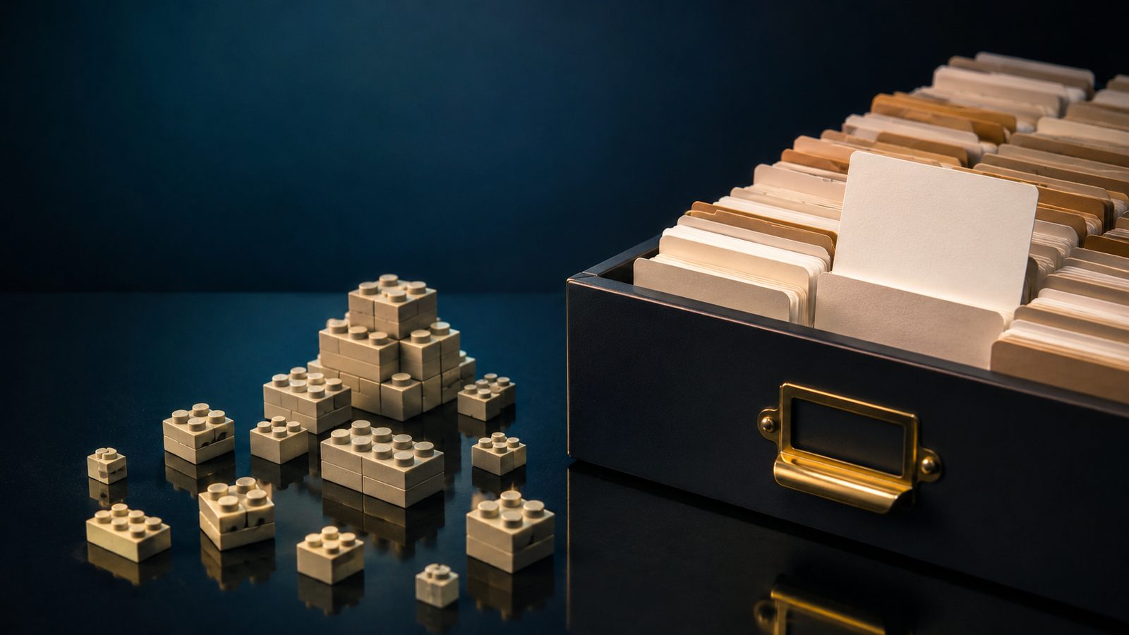Loose blank building blocks waiting to be assembled on dark glass beside a full drawer of filed index cards with one card lifted out
