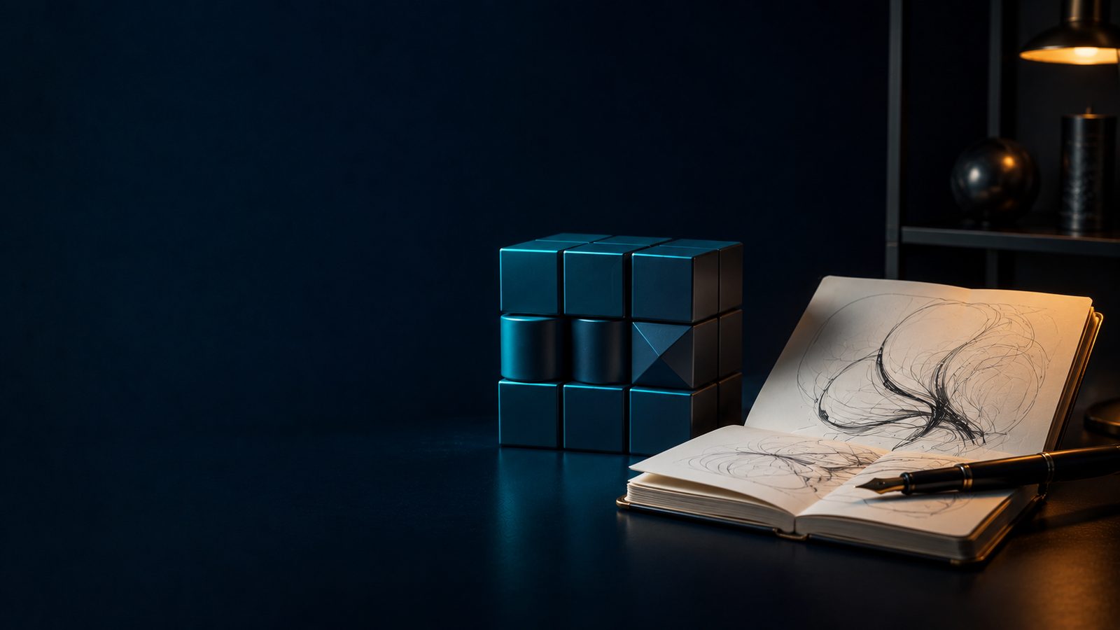 A cube of precisely stacked teal geometric blocks beside an open sketchbook of flowing ink line drawings with a fountain pen resting on the page