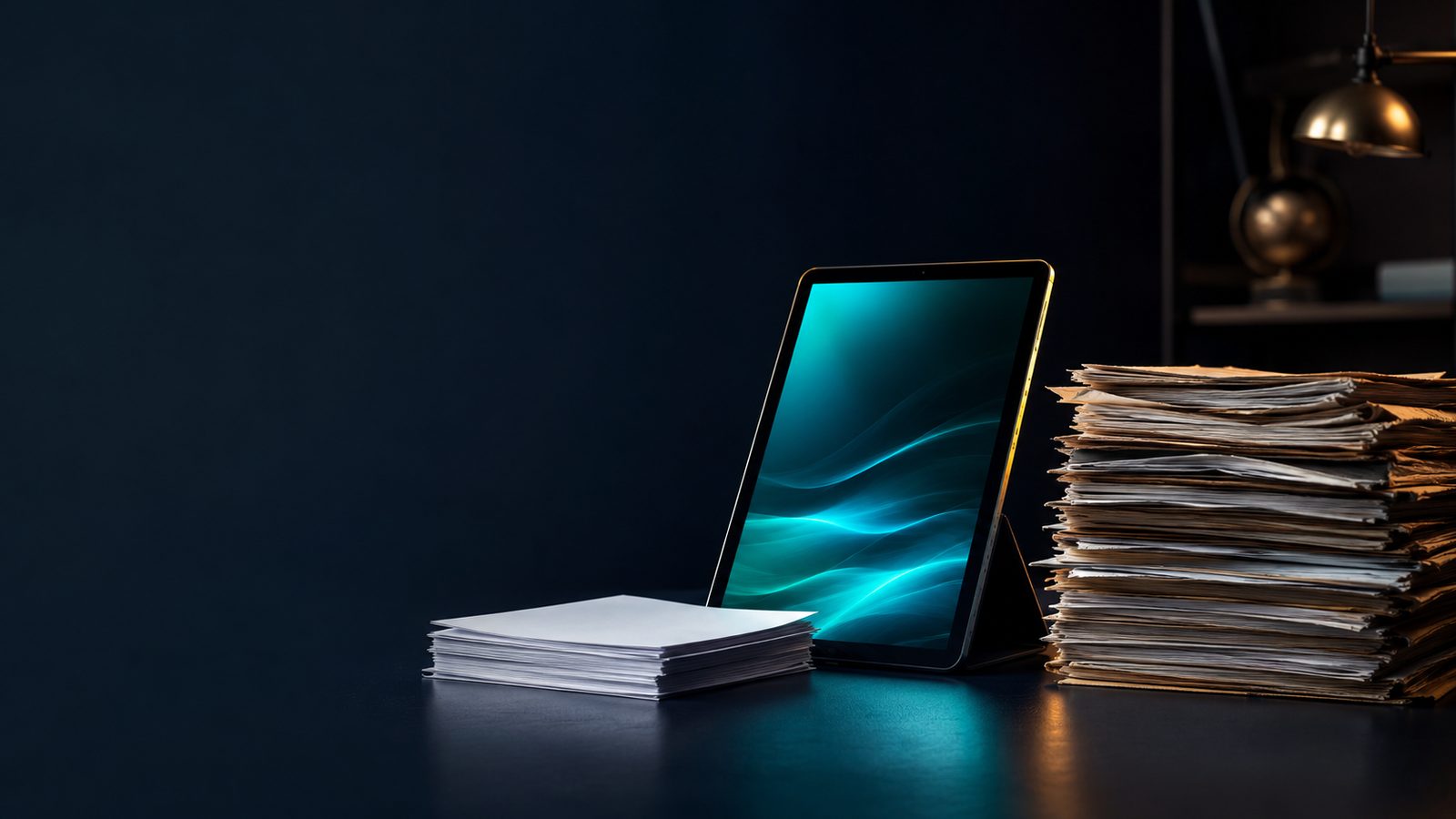 A modern tablet with a teal glowing screen beside a small stack of crisp white pages and a tall pile of worn paper documents on a dark navy desk