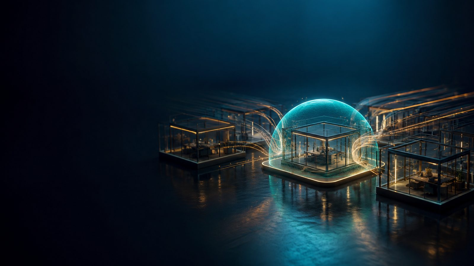 A cluster of glass rooms on a dark surface where only one sits under a glowing teal dome, gold light trails flowing freely into the open rooms but bending away from the covered one